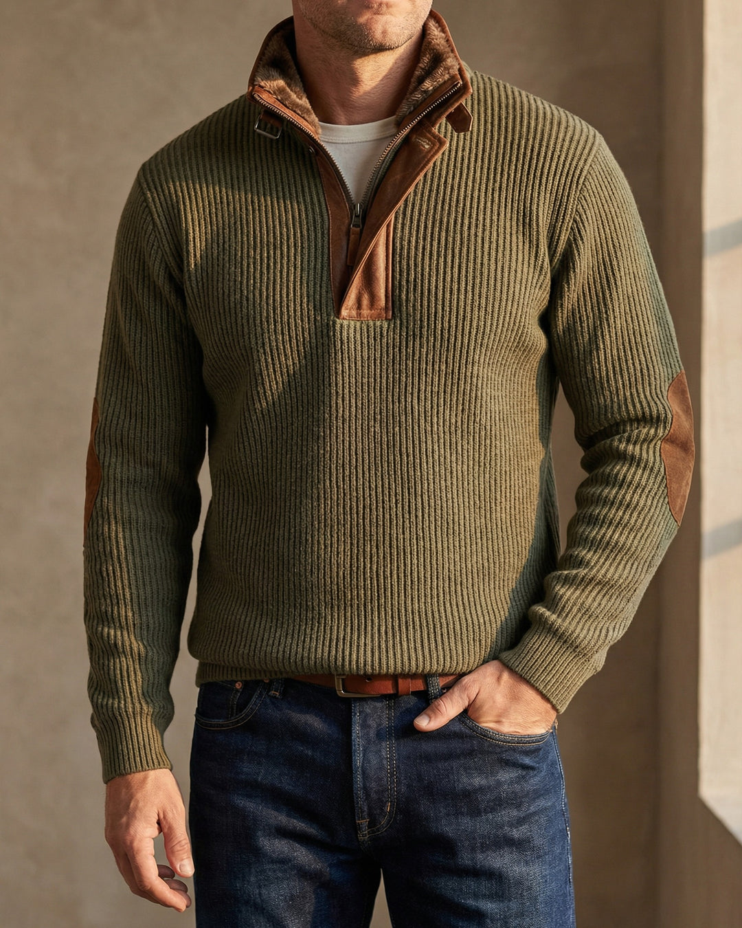 Dario Leather-Trim Half-Zip Sweater