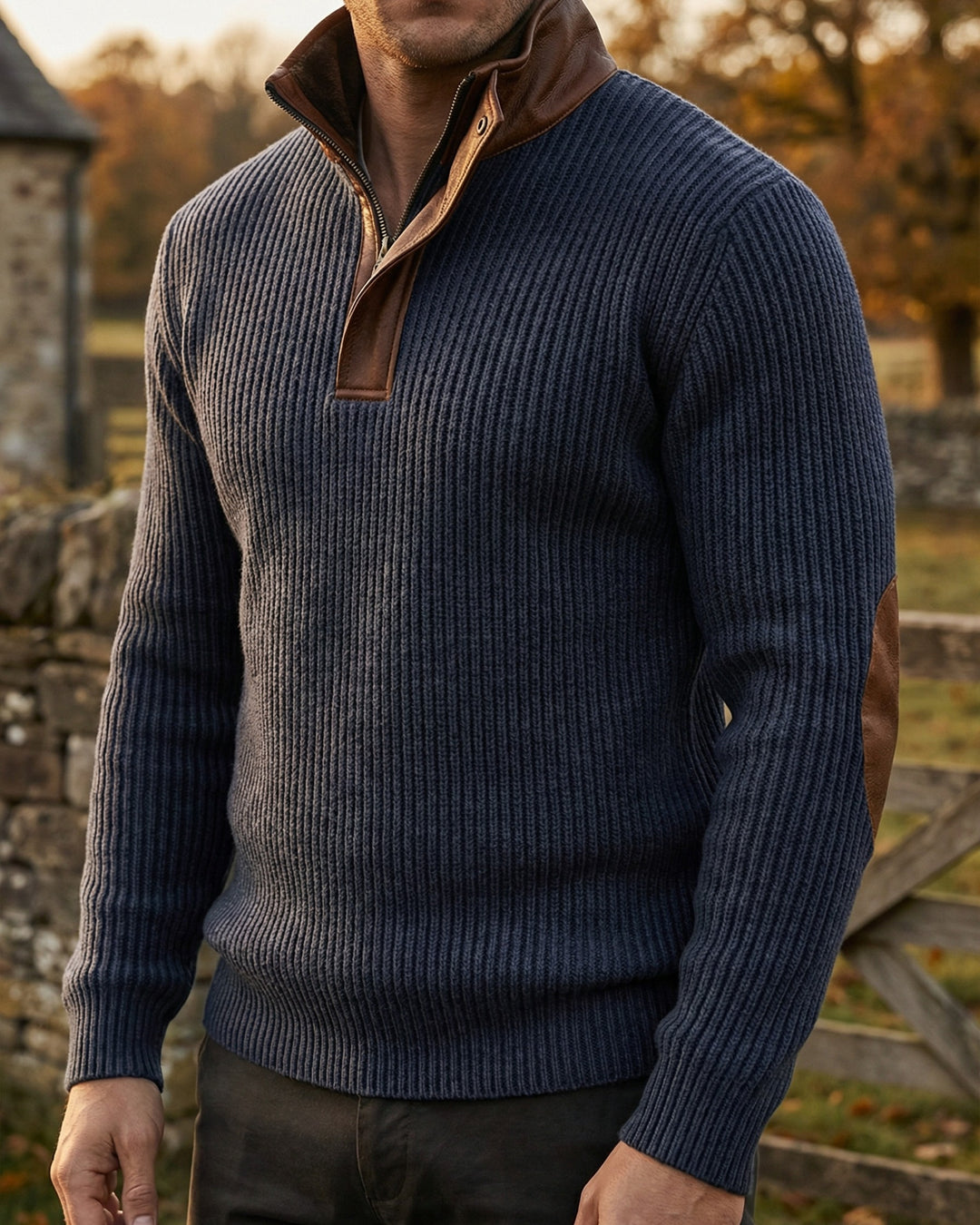 Dario Leather-Trim Half-Zip Sweater