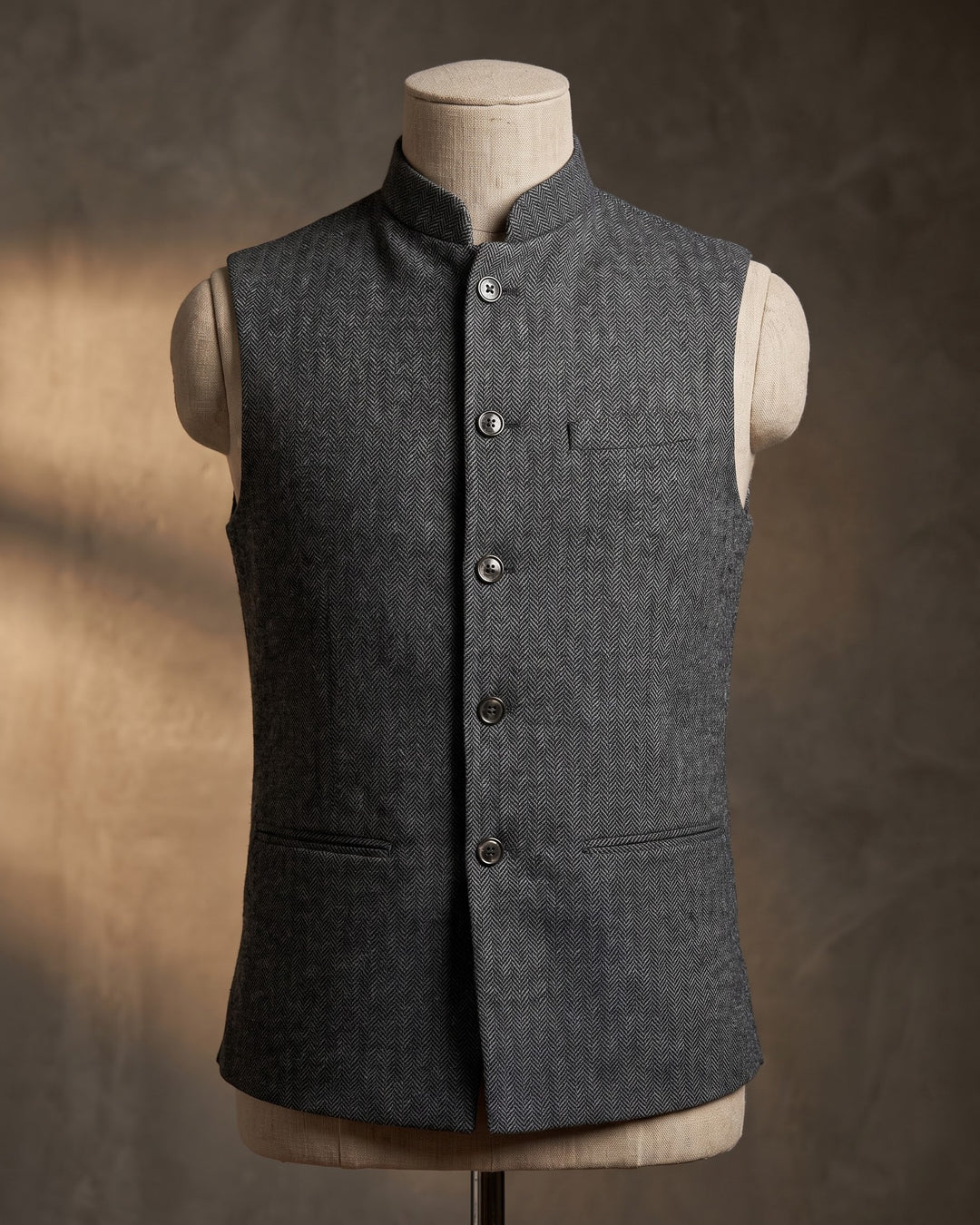 Rodolfo Herringbone Nehru Waistcoat
