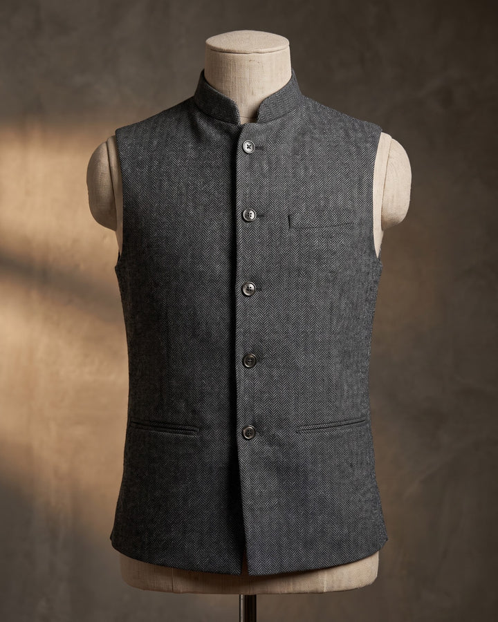 Rodolfo Herringbone Nehru Waistcoat