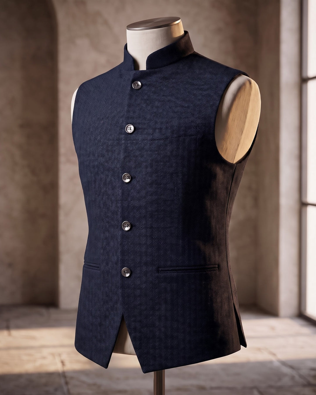 Rodolfo Herringbone Nehru Waistcoat