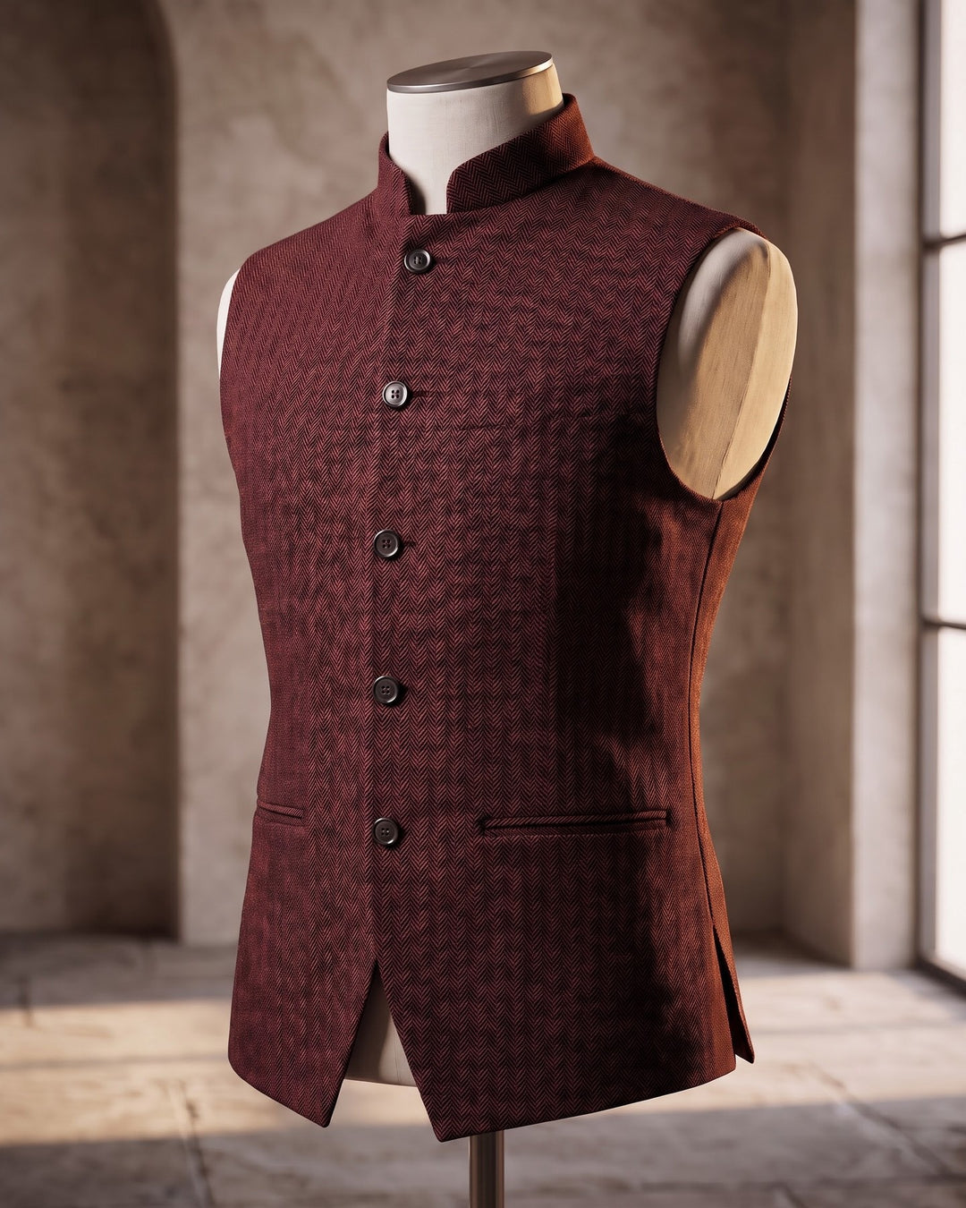 Rodolfo Herringbone Nehru Waistcoat