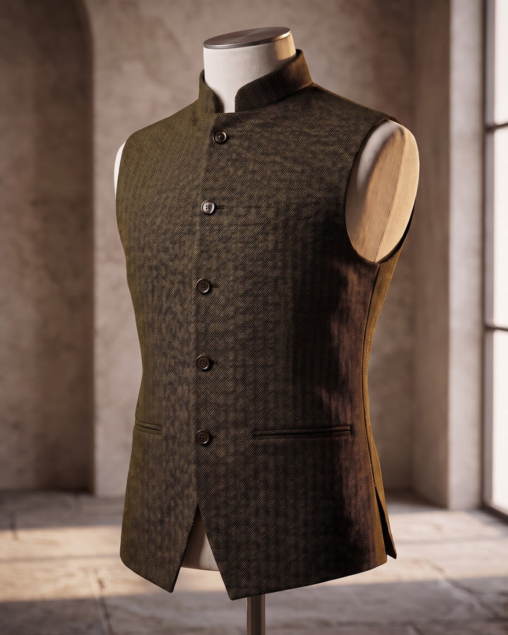 Rodolfo Herringbone Nehru Waistcoat