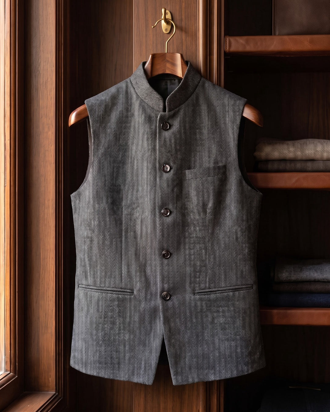Rodolfo Herringbone Nehru Waistcoat
