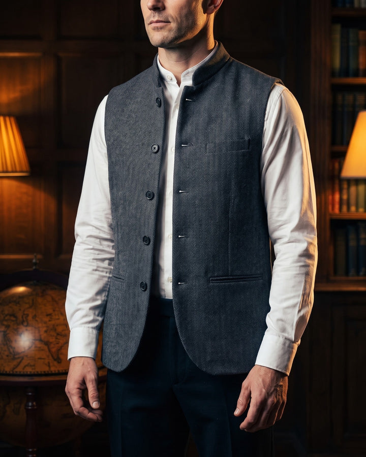 Rodolfo Herringbone Nehru Waistcoat