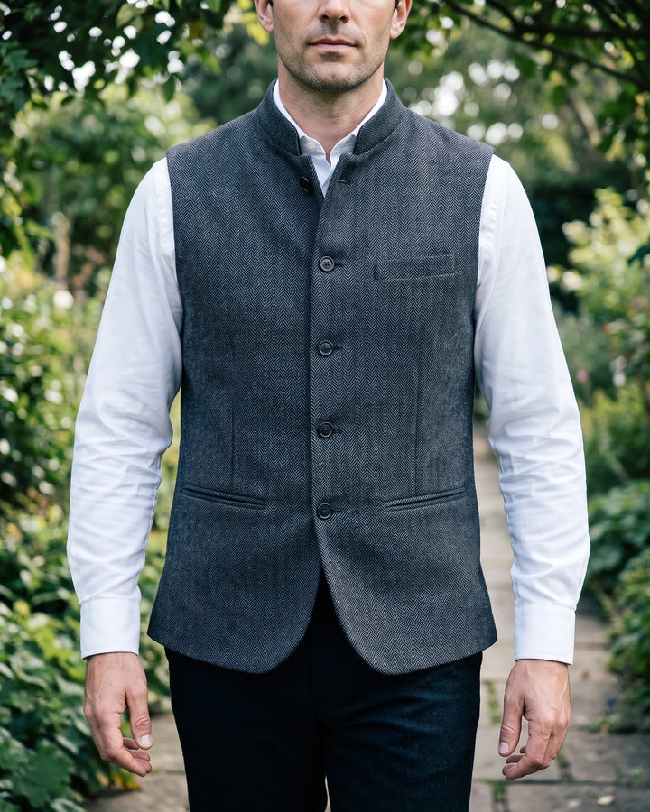 Rodolfo Herringbone Nehru Waistcoat