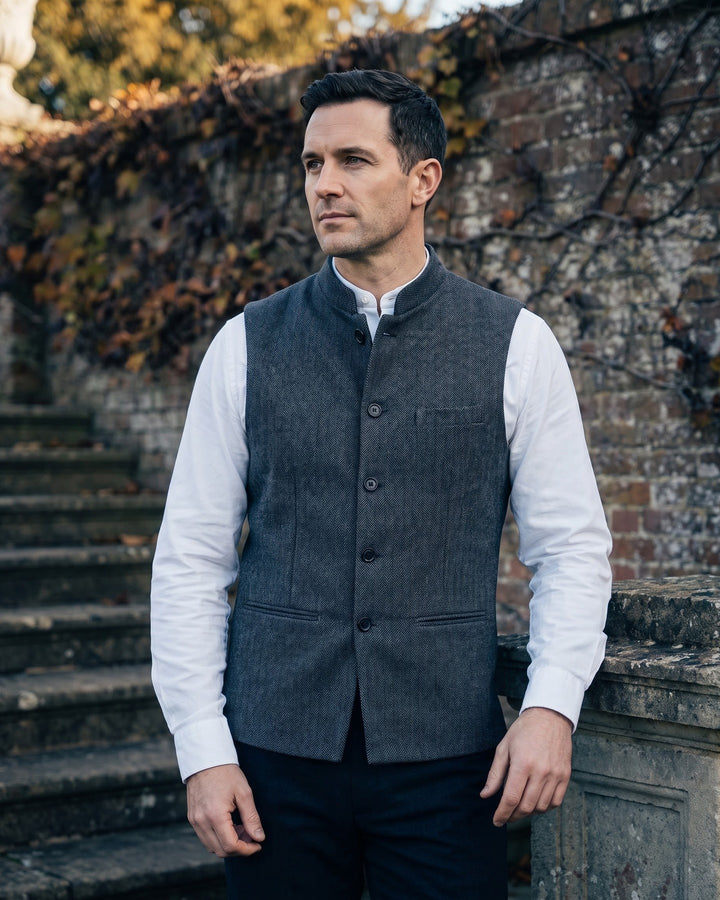 Rodolfo Herringbone Nehru Waistcoat