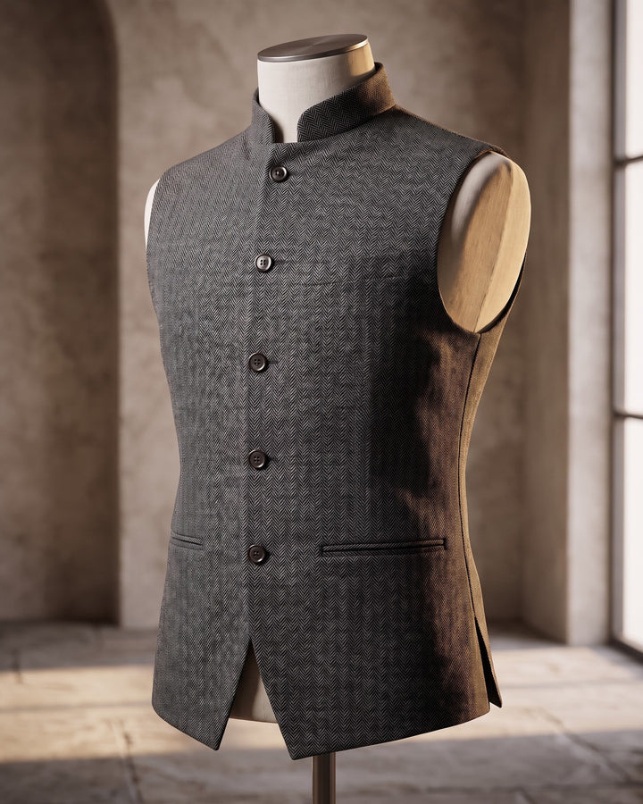 Rodolfo Herringbone Nehru Waistcoat