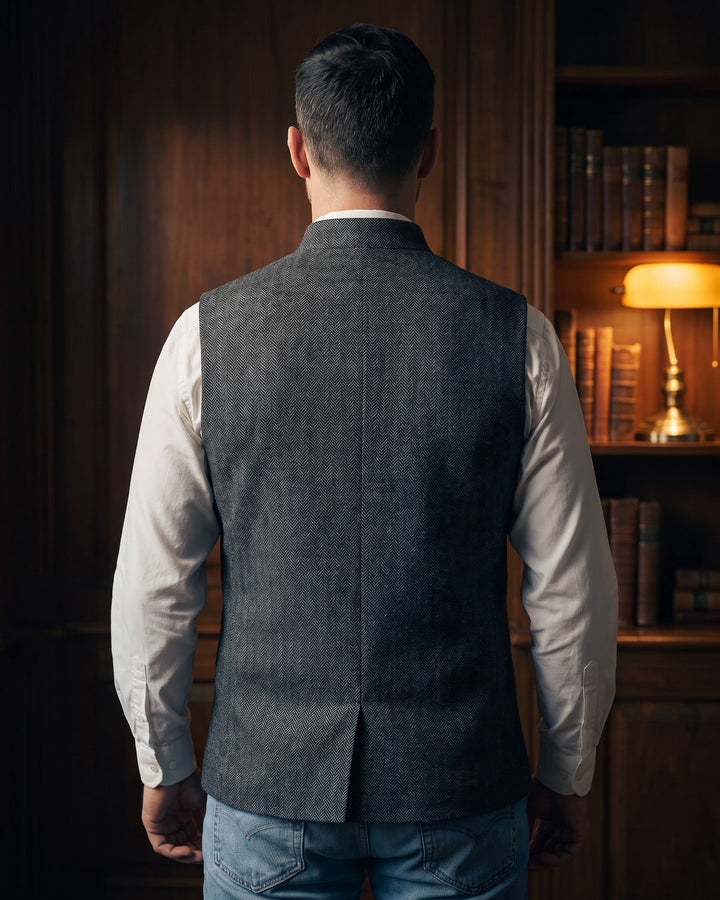 Rodolfo Herringbone Nehru Waistcoat
