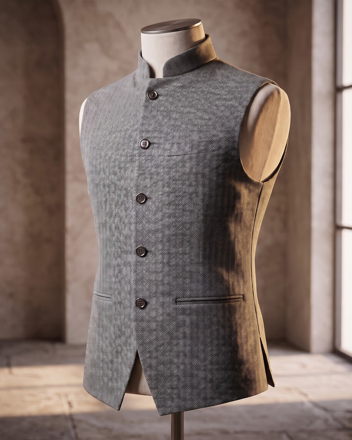 Rodolfo Herringbone Nehru Waistcoat